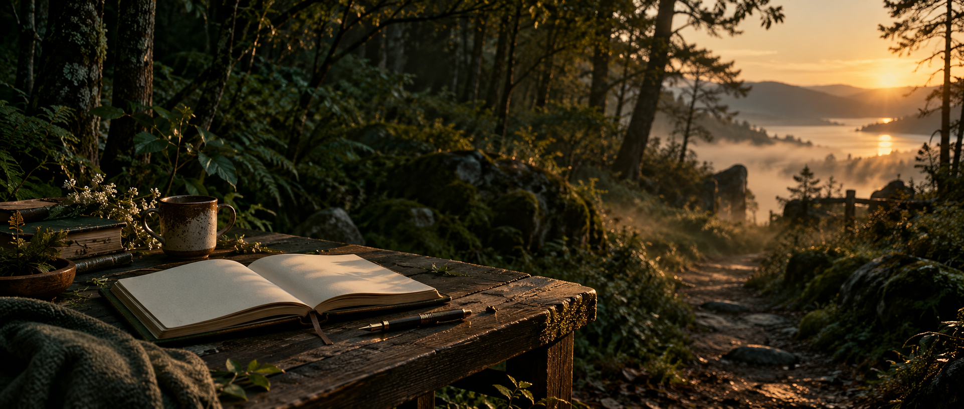 Caderno aberto diante de uma trilha entre a floresta e a luz do entardecer